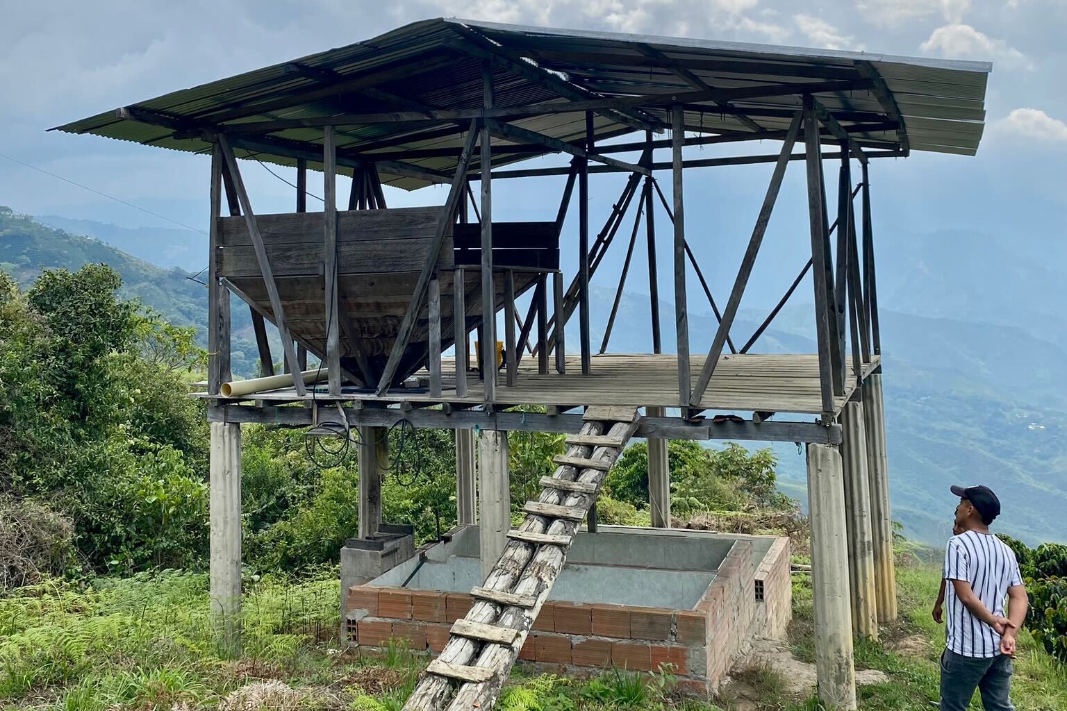Worker standing beside an elevated wooden coffee pulping station above brick fermentation tanks on a Colombian mountainside farm