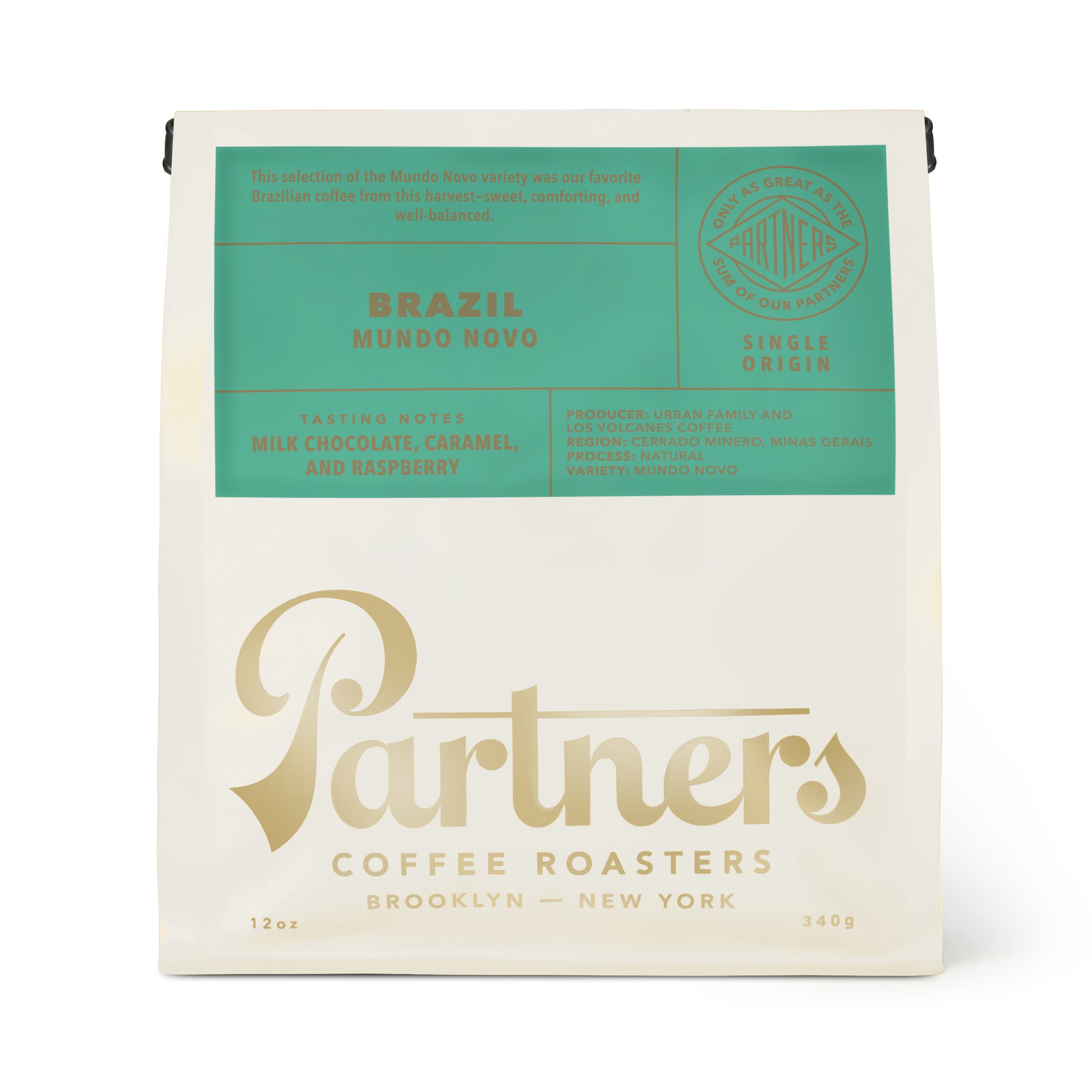 Front view of Brazil Mundo Novo coffee bag showcasing single-origin label and tasting notes on a white background
