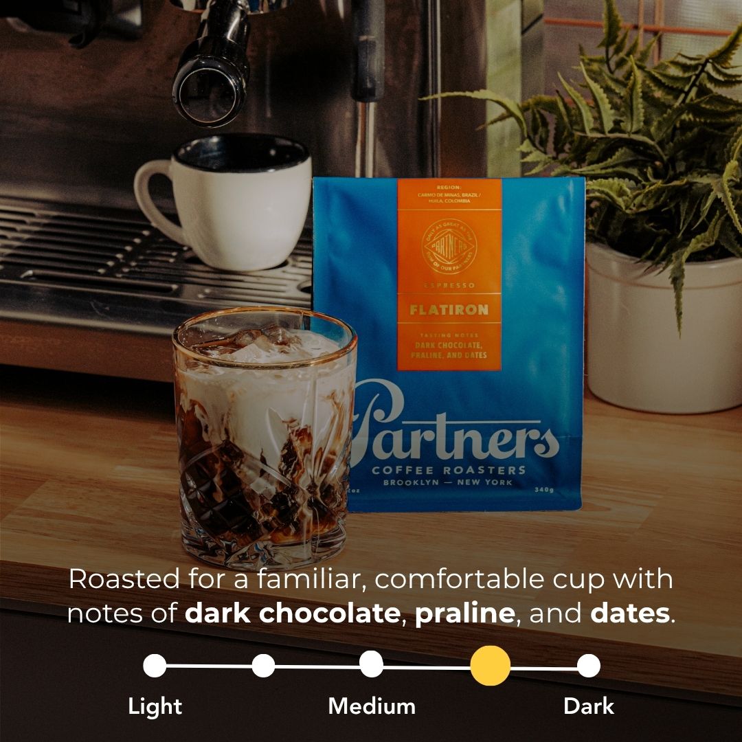 Front view of Flatiron bag showing roast level and tasting notes dark chocolate, praline, and dates beside iced coffee
