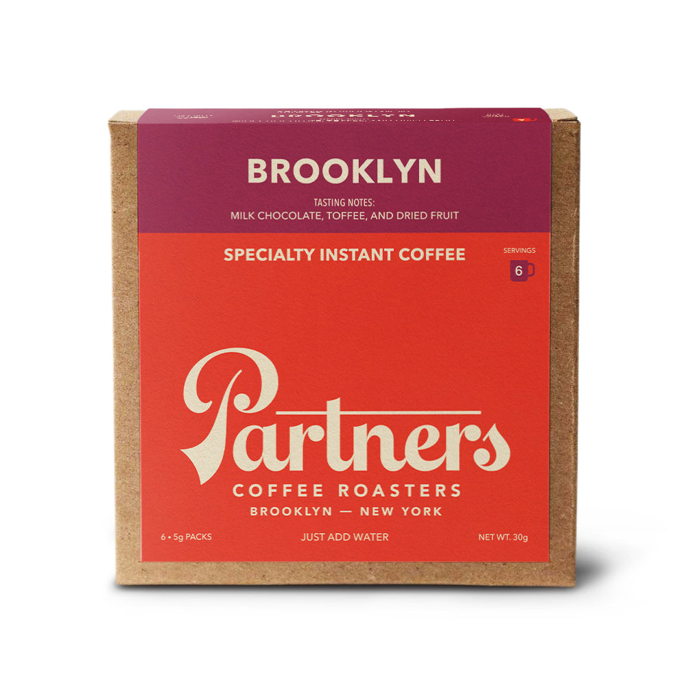 Front view of Brooklyn instant coffee box with Partners Coffee logo and Specialty Instant Coffee label