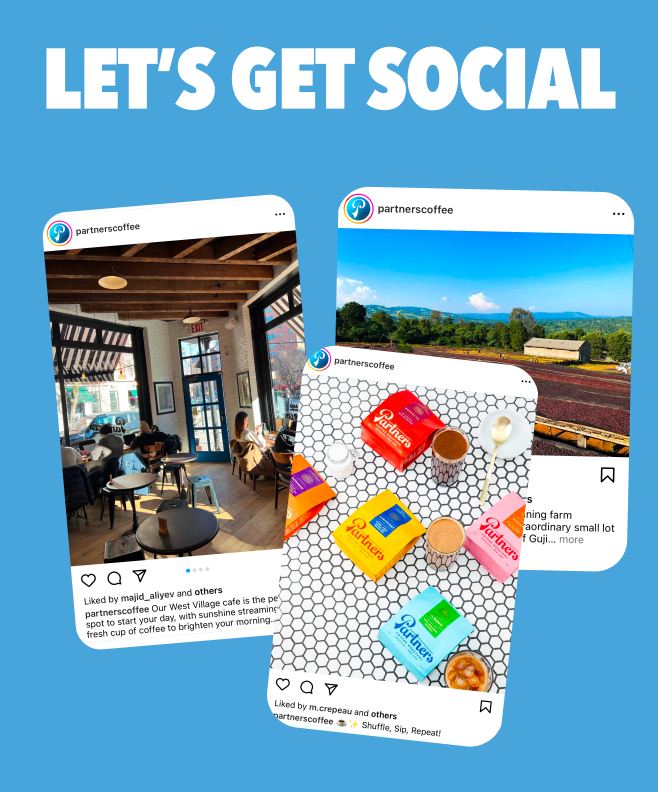 Promotional collage showing three Instagram-style posts with headline LET’S GET SOCIAL promoting Partners Coffee on social media