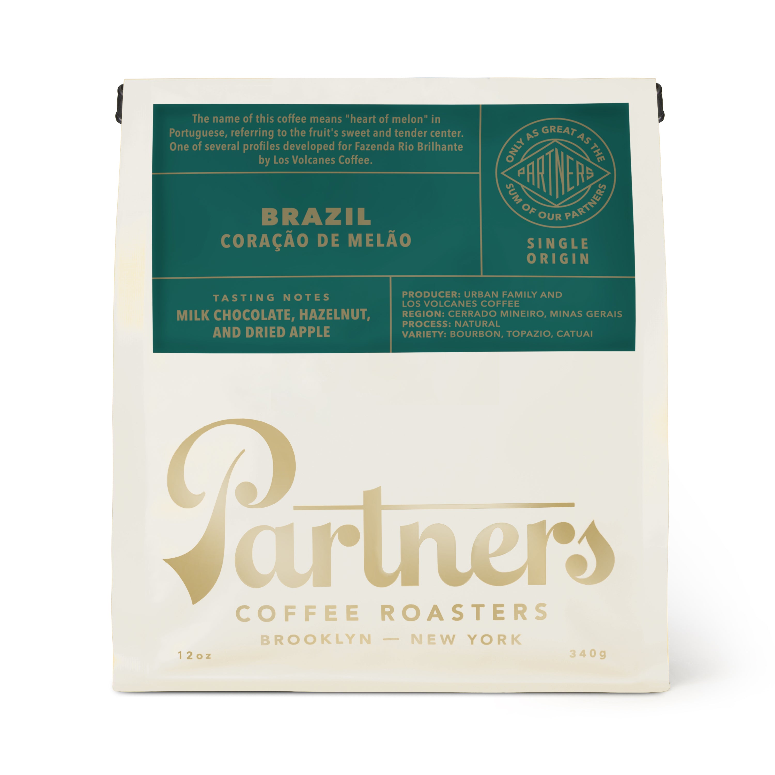 Front of 12oz Brazil Coração de Melão coffee bag showing green single-origin label, tasting notes, and gold Partners logo