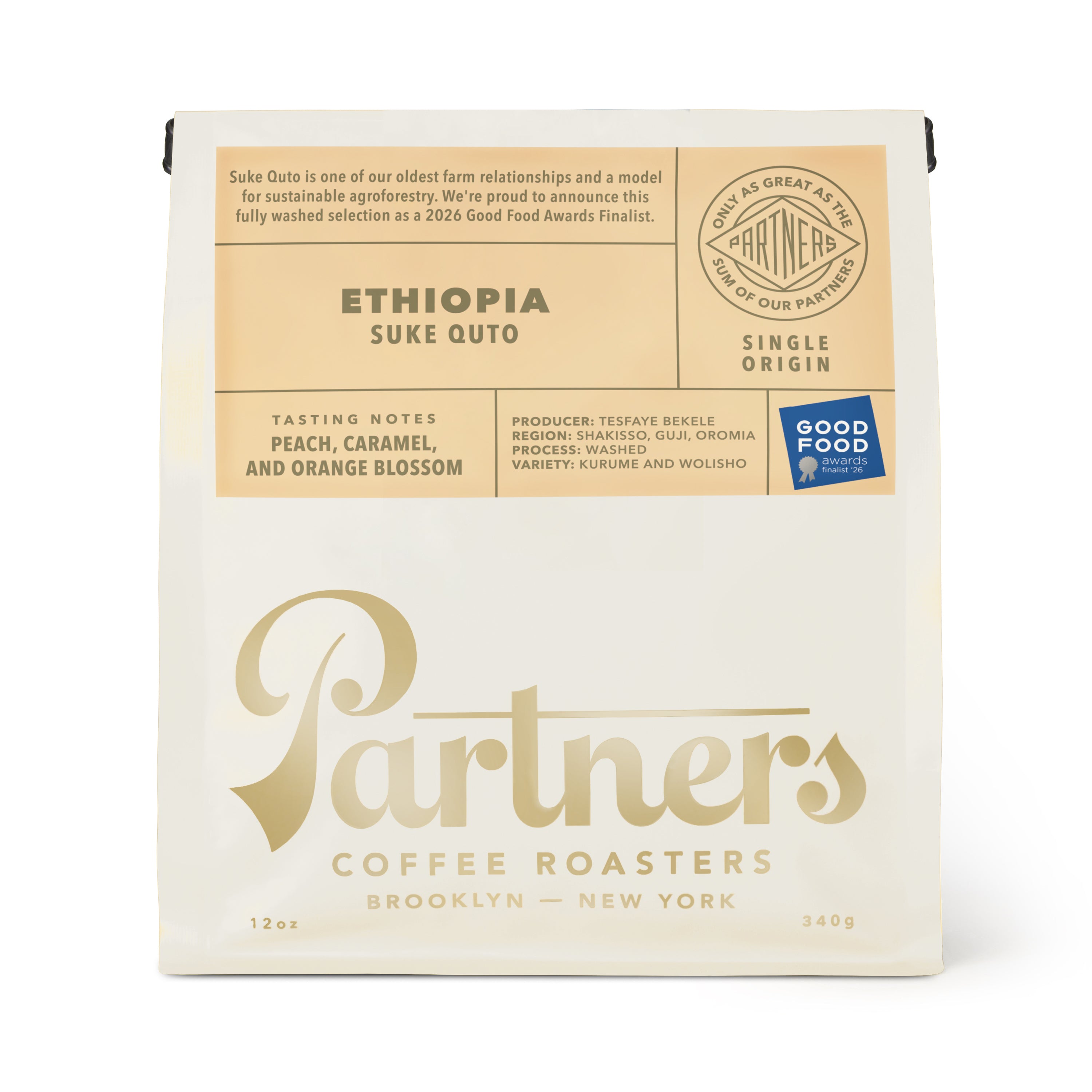 Front of 12oz Ethiopia Suke Quto coffee bag showing Partners logo and tasting notes: peach, caramel, orange blossom