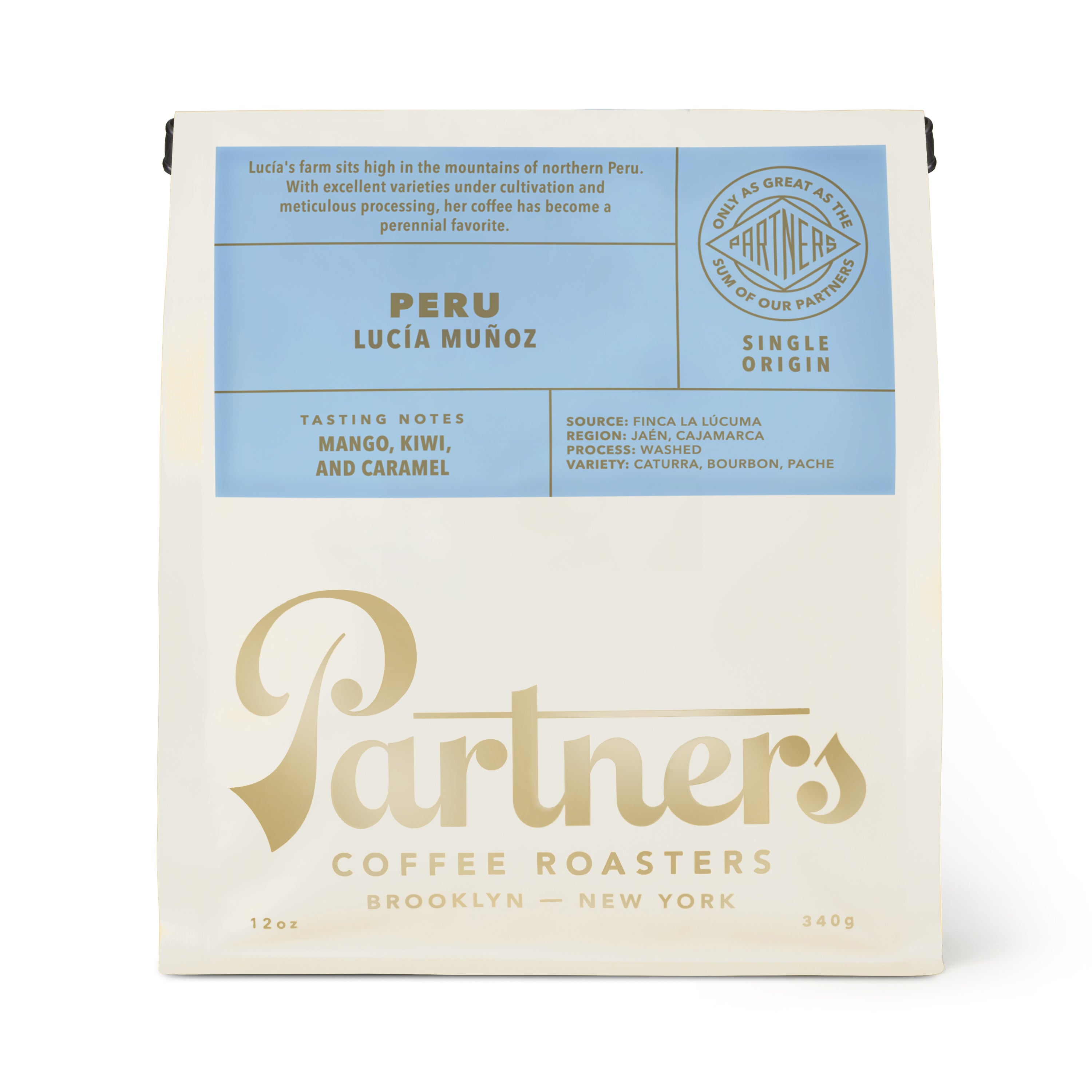 Front view of 12 oz Peru Lucía Muñoz single-origin coffee bag with blue label, tasting notes mango, kiwi and caramel on white