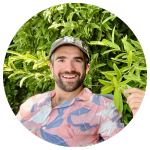 Smiling man in a circular portrait with green leaves in the background for a testimonial