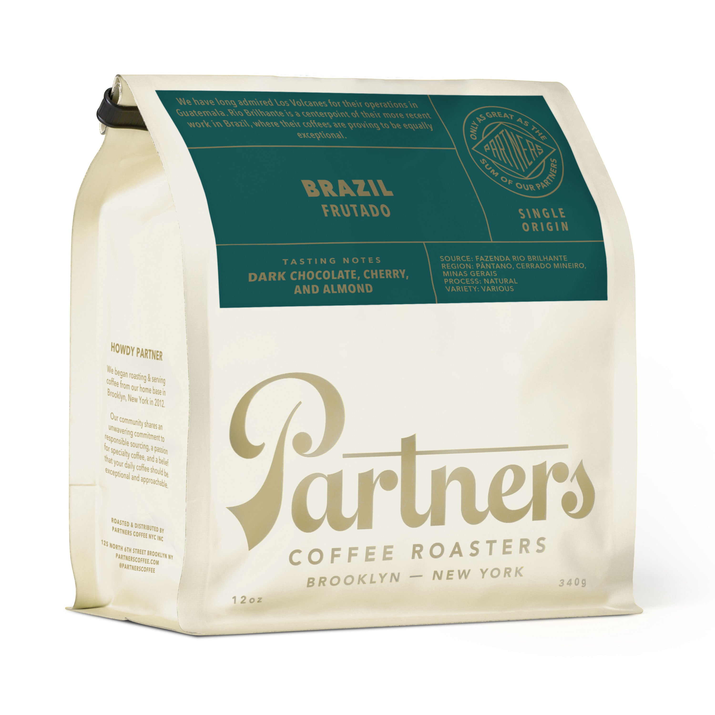 Angled view of Brazil - Frutado 12 oz bag with Partners logo and label reading Dark chocolate, cherry and almond