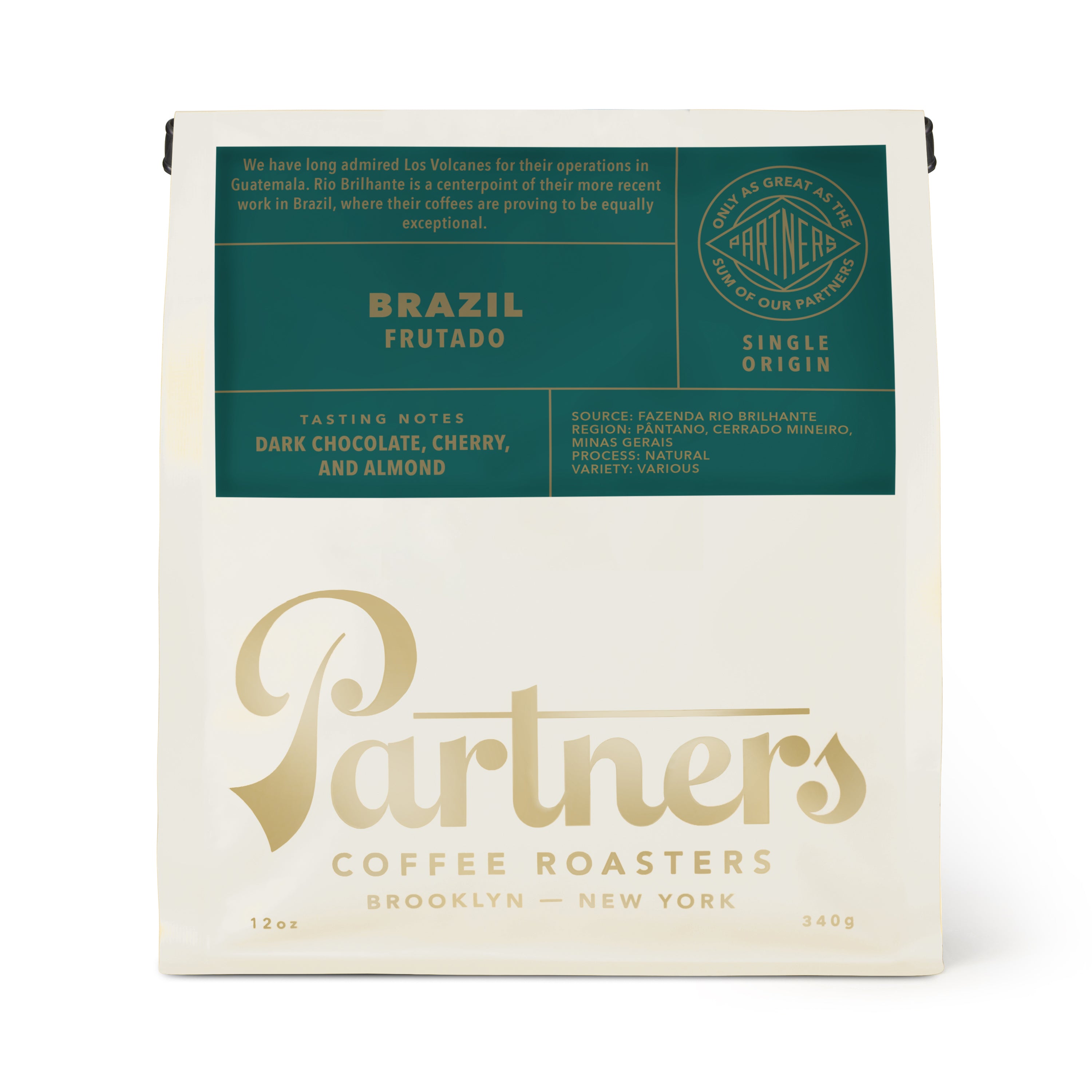 Front of Brazil Frutado 12 oz coffee bag with Partners branding and label dark chocolate cherry almond on white background