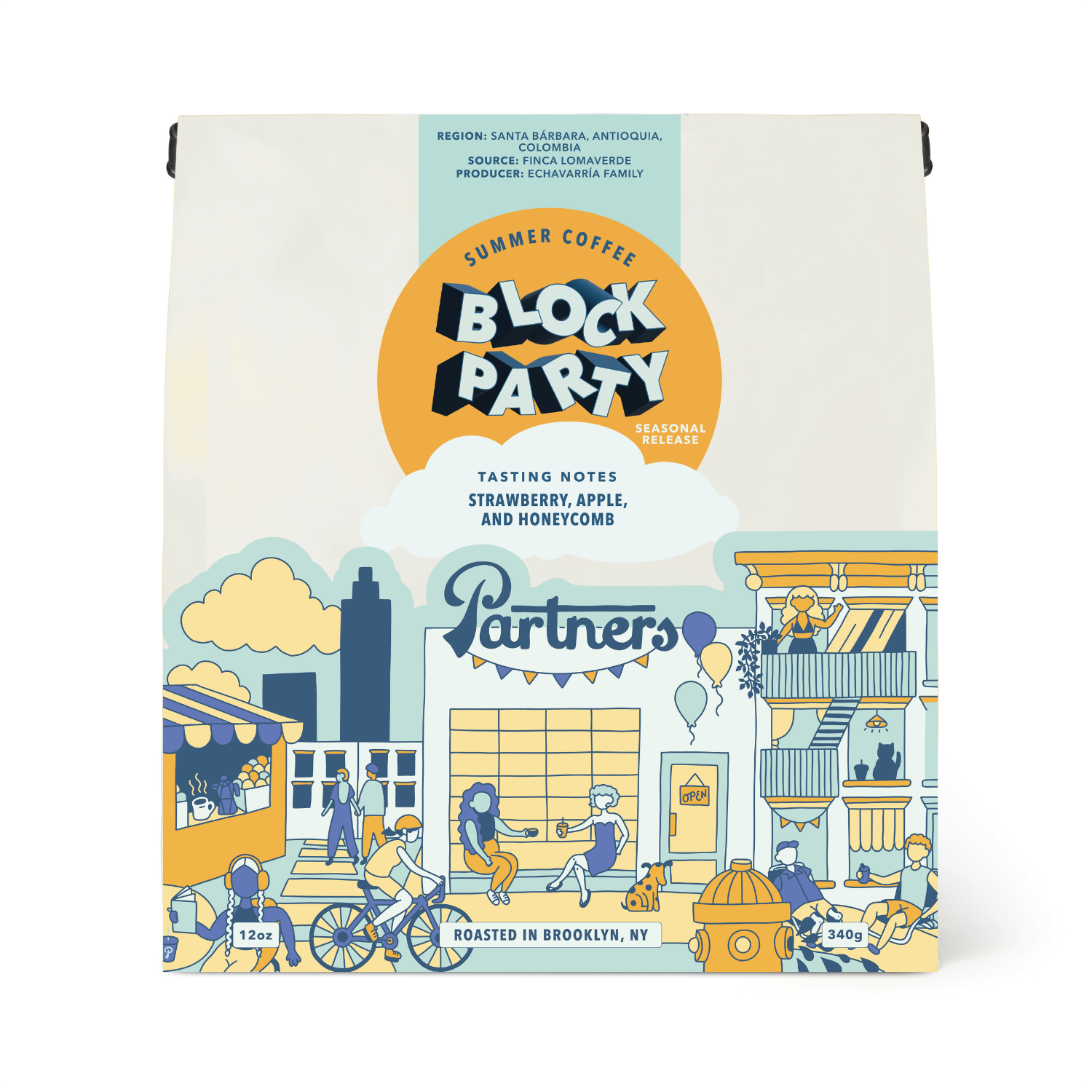 Front view of Block Party 12oz coffee bag showcasing colorful block-party illustration and Partners logo