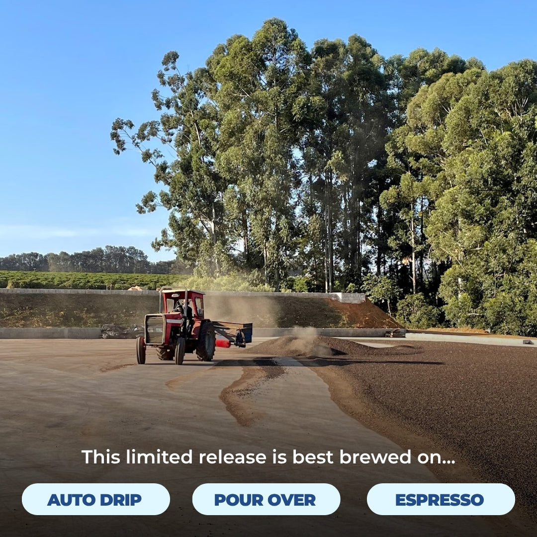 Tractor working on a Brazilian coffee farm; limited release best brewed with auto drip, pour over, or espresso