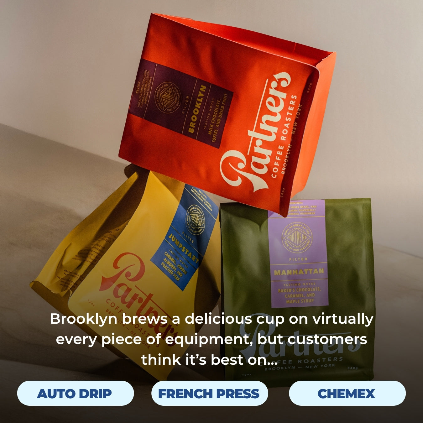 Promotional banner showing three Partners Coffee bags and headline ‘Brooklyn brews a delicious cup’