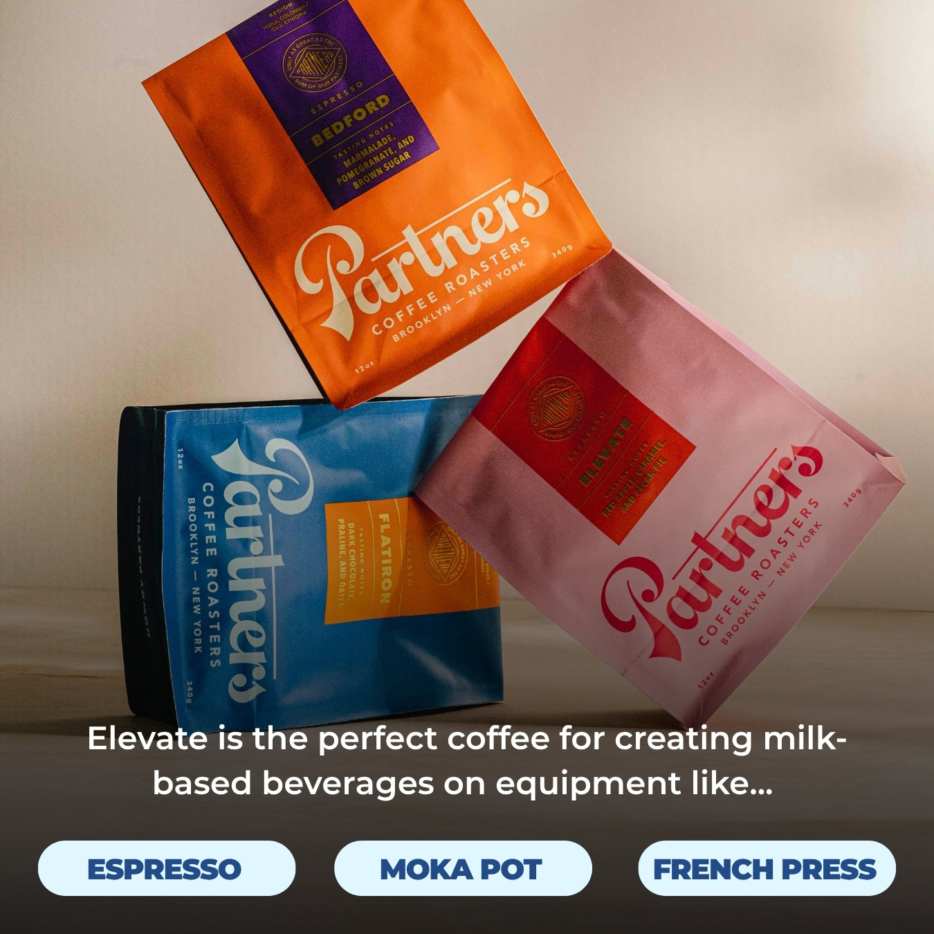 Promotional image showing Partners Coffee bags with headline that Elevate is ideal for milk-based drinks on espresso and moka
