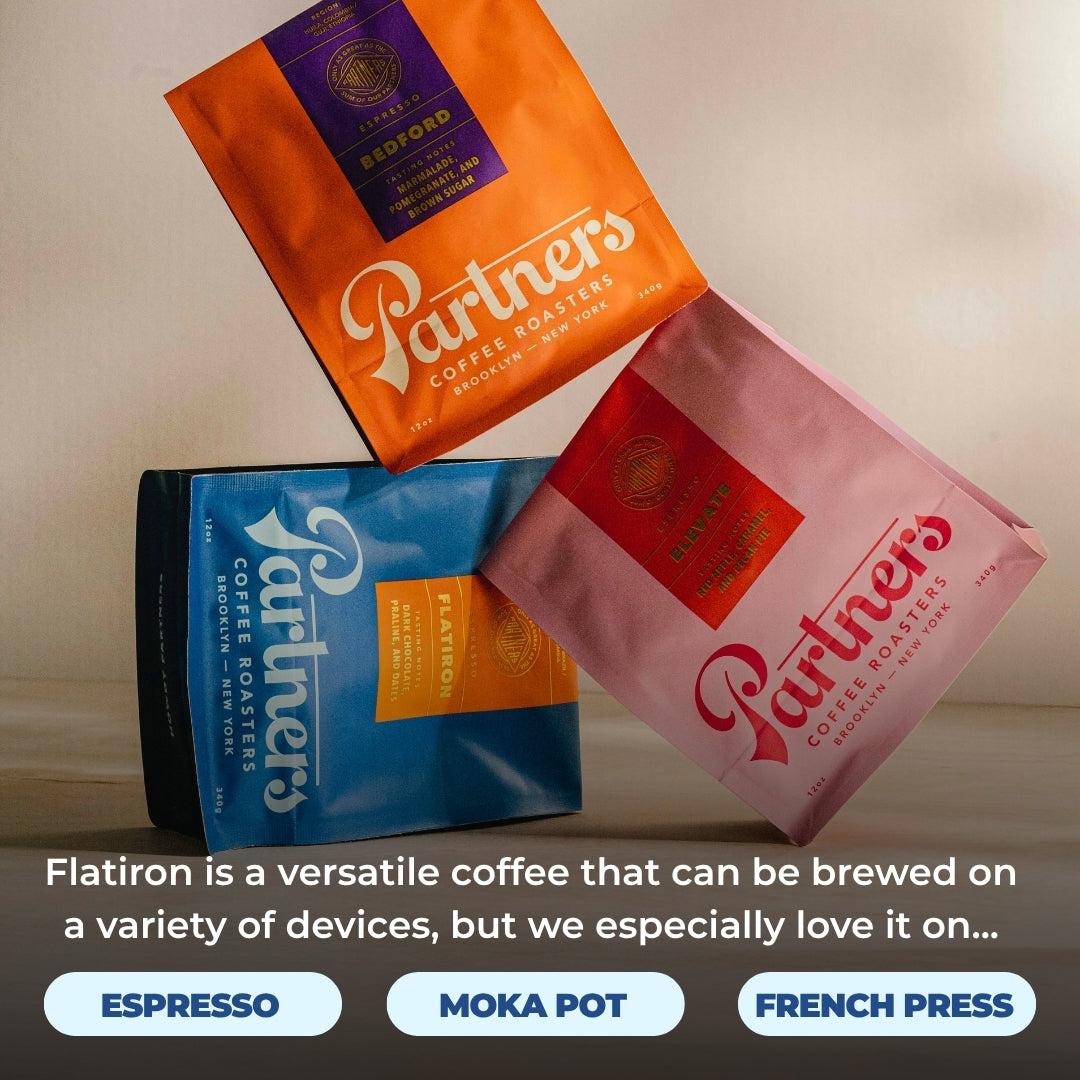 Promotional image of three Flatiron coffee bags with overlay: recommends Espresso, Moka Pot, French Press