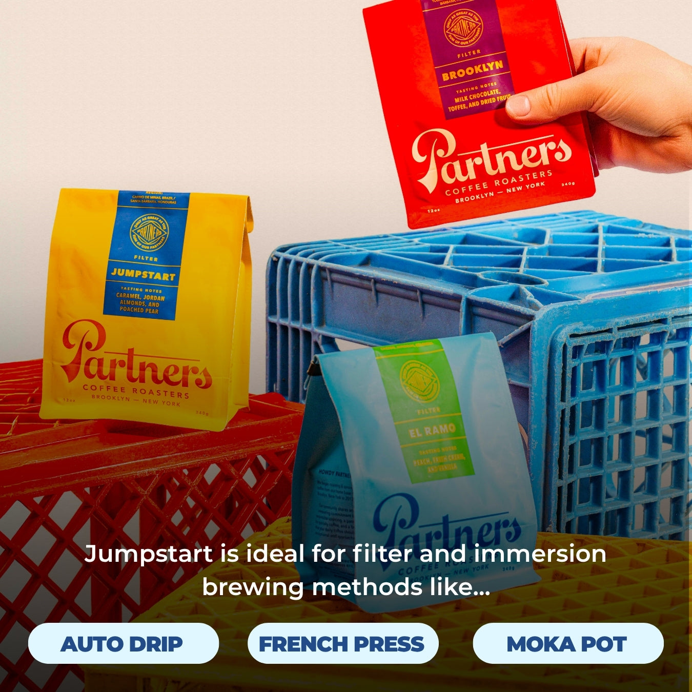 Banner showing Jumpstart bags with overlay ‘Jumpstart ideal for filter and immersion brewing’ and method buttons