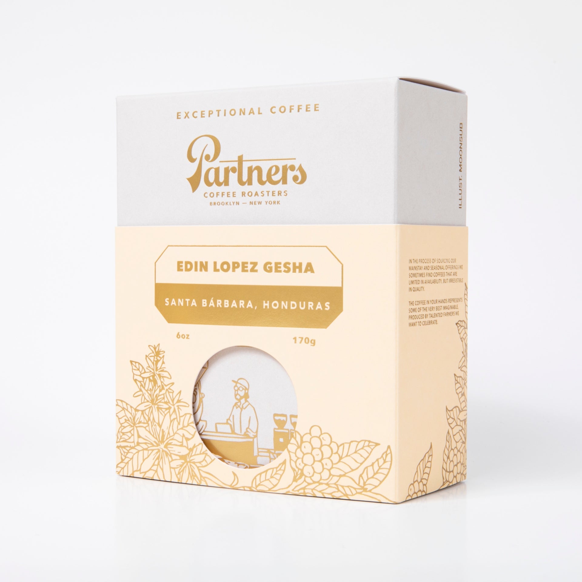 Angled front view of Edin Lopez Gesha 6oz coffee box with peach-and-white packaging and circular window on white background