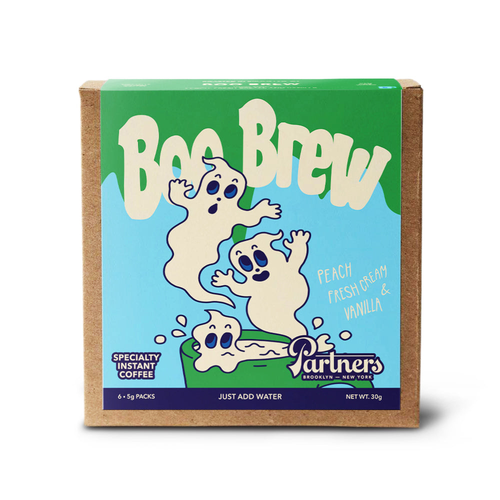 Front view of Boo Brew specialty instant coffee box with ghost artwork and peach, fresh cream, and vanilla notes on white
