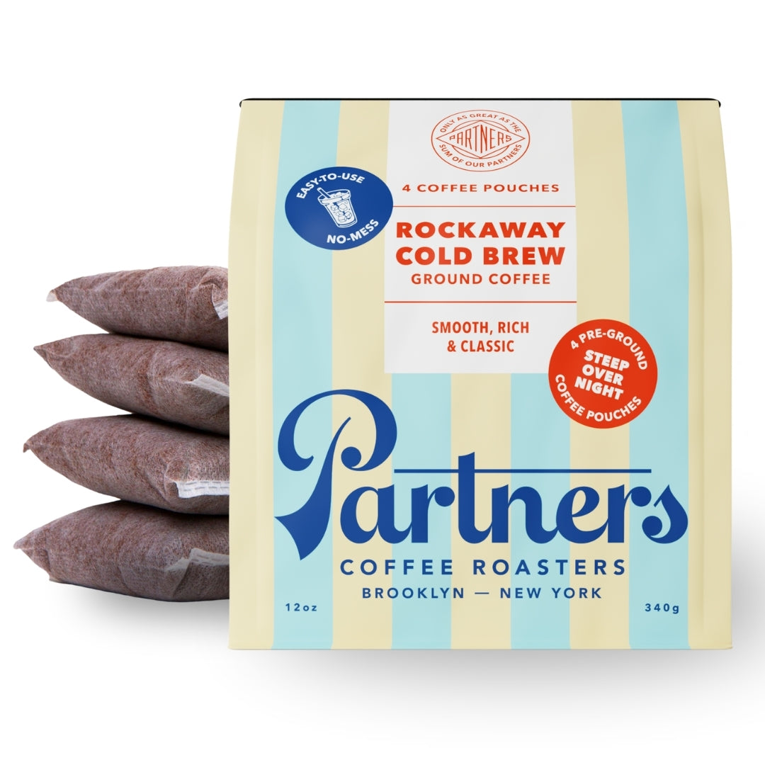 Front of Rockaway Cold Brew with four pouches, showing Partners logo and ‘Smooth, Rich & Classic’ on white background