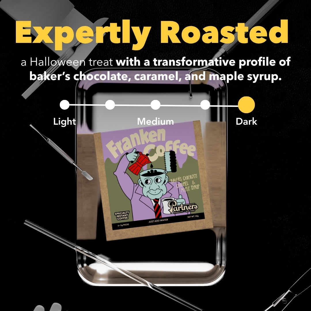 Front view of Franken Coffee specialty instant coffee sachet with Expertly Roasted headline and medium roast scale