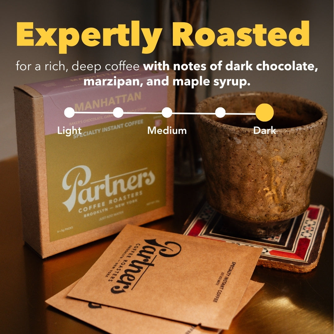 Infographic showing roast-level set to dark and headline Expertly Roasted with notes of dark chocolate, marzipan, maple syrup