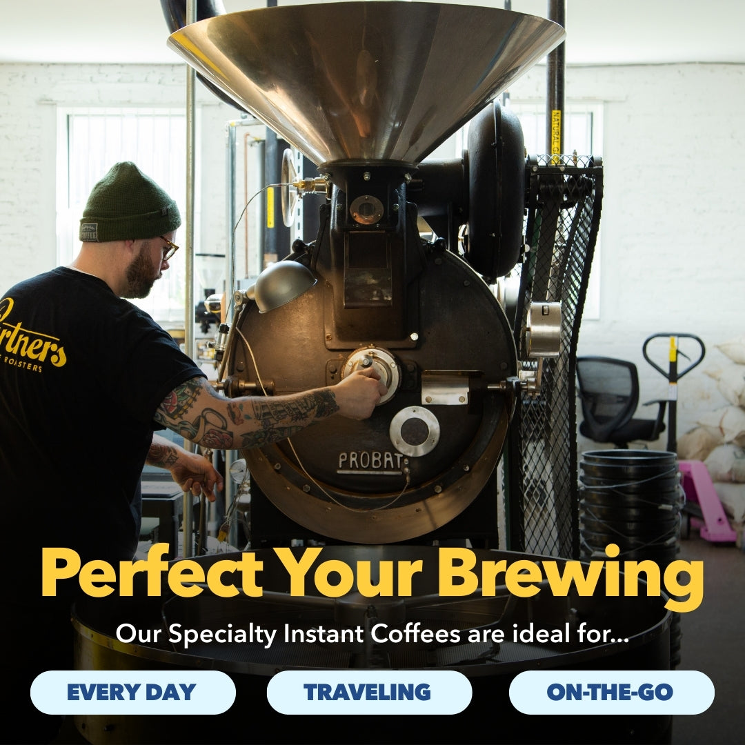 Banner headline ‘Perfect Your Brewing’ saying instant coffees are ideal for Every Day, Traveling, and On-the-Go; worker at coffee roaster