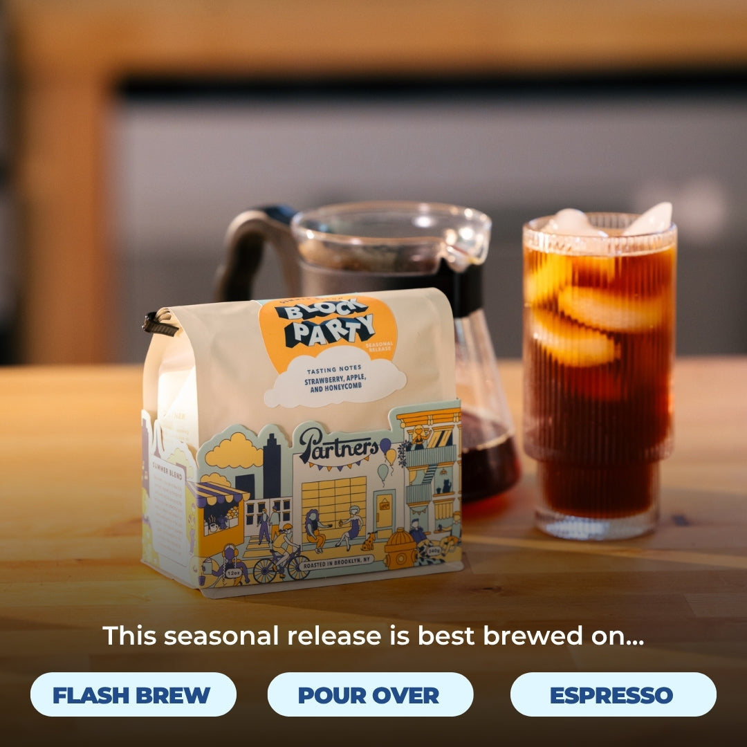 Block Party coffee bag, carafe, and iced glass on counter; overlay: best brewed on, Flash Brew, Pour Over, Espresso