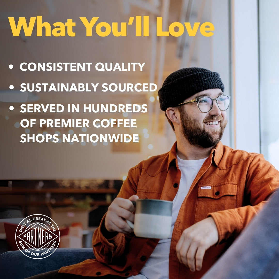 Promo graphic What You’ll Love: consistent quality; sustainably sourced; served nationwide; smiling man with mug