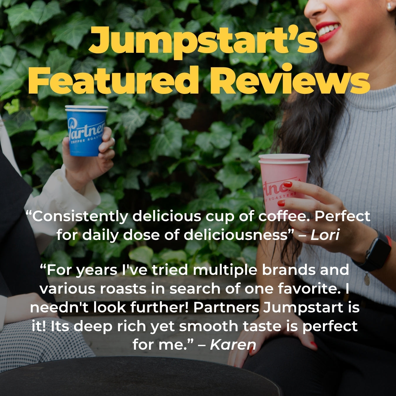 Promotional graphic showing Jumpstart’s Featured Reviews with two customer quotes praising its rich, smooth, delicious taste