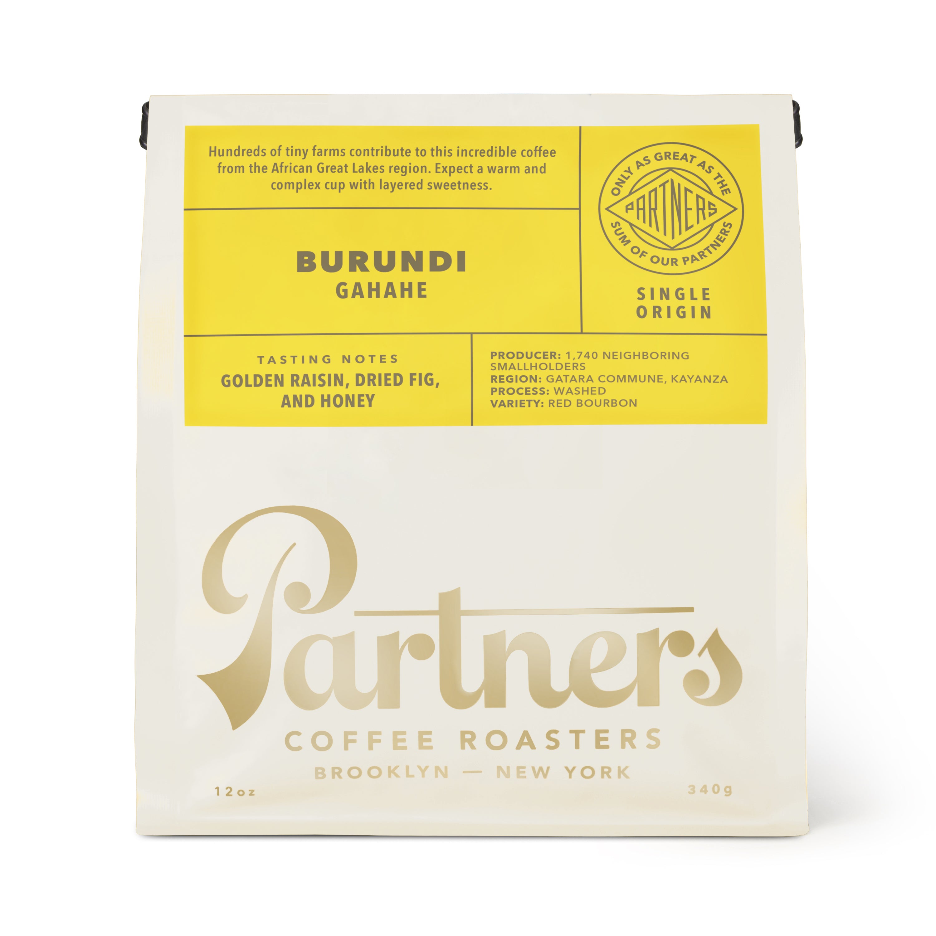 Front view of Burundi Gahahe 12 oz coffee bag showing yellow label with tasting notes and Partners Coffee logo on white background