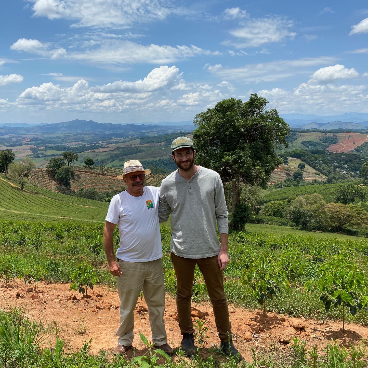 Two men standing on a coffee farm among young coffee plants with rolling hills and a partly cloudy sky