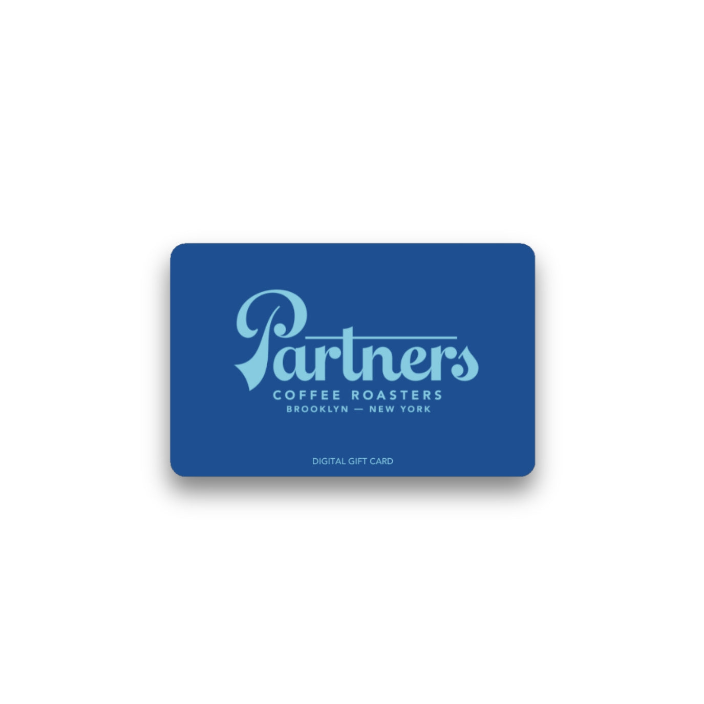 Front view of Partners Coffee gift card with light-blue logo and DIGITAL GIFT CARD text on dark-blue card against white background