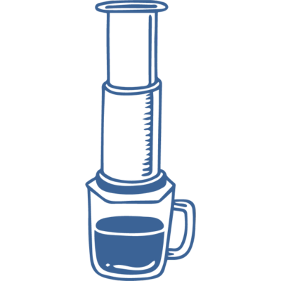 Instructional graphic showing AeroPress brew recipe: 17g coffee, medium-fine grind, 255g water, 1:15 ratio, 2:00 brew time