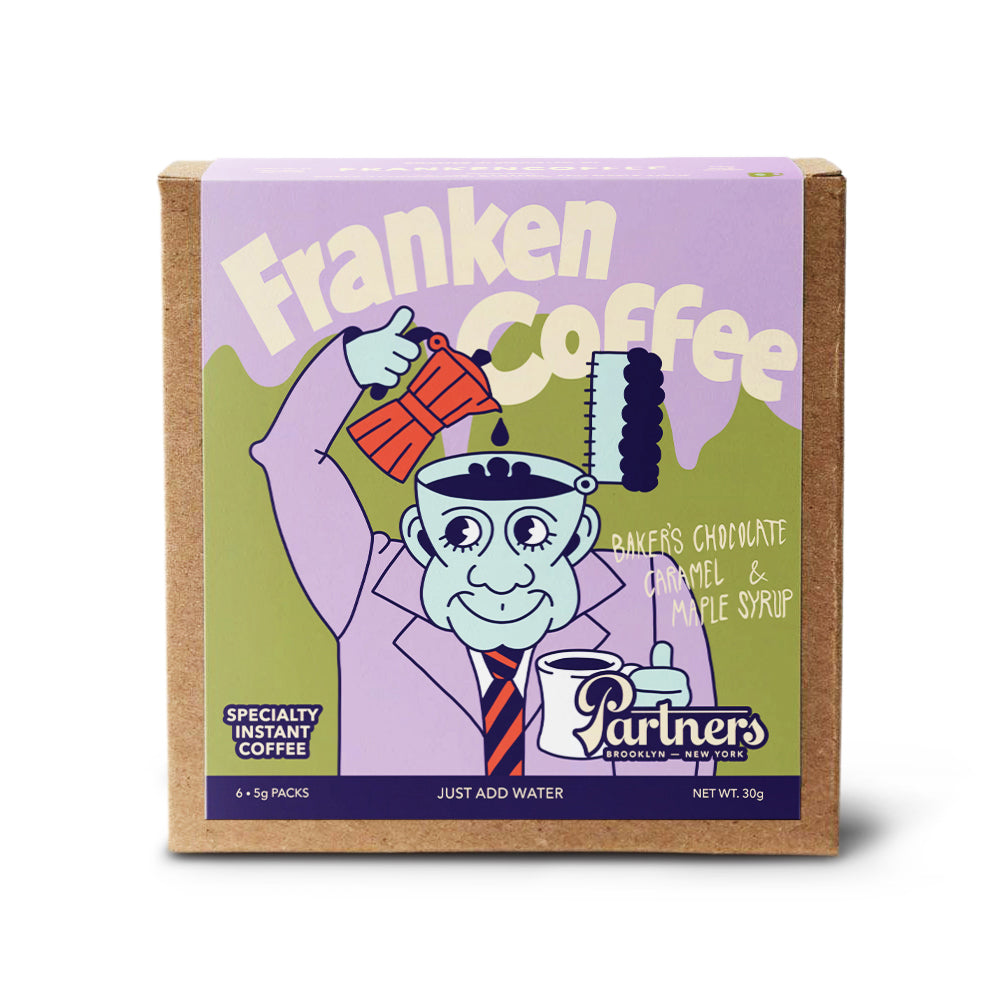 Front view of Franken Coffee box with Frankenstein artwork, six 5g sachets, and caramel, baker’s chocolate, maple syrup notes