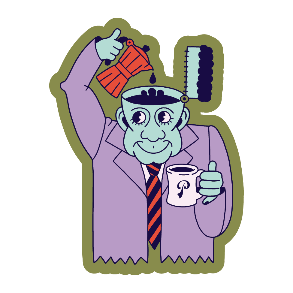 Cartoon Frankenstein character holding a coffee mug