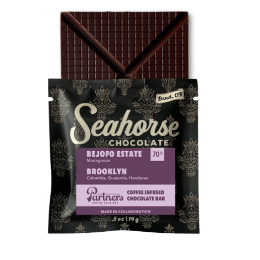 Front view of Seahorse x Partners coffee-infused dark chocolate bar, 70% cocoa, unwrapped with packaging, 0.5 oz (14 g)