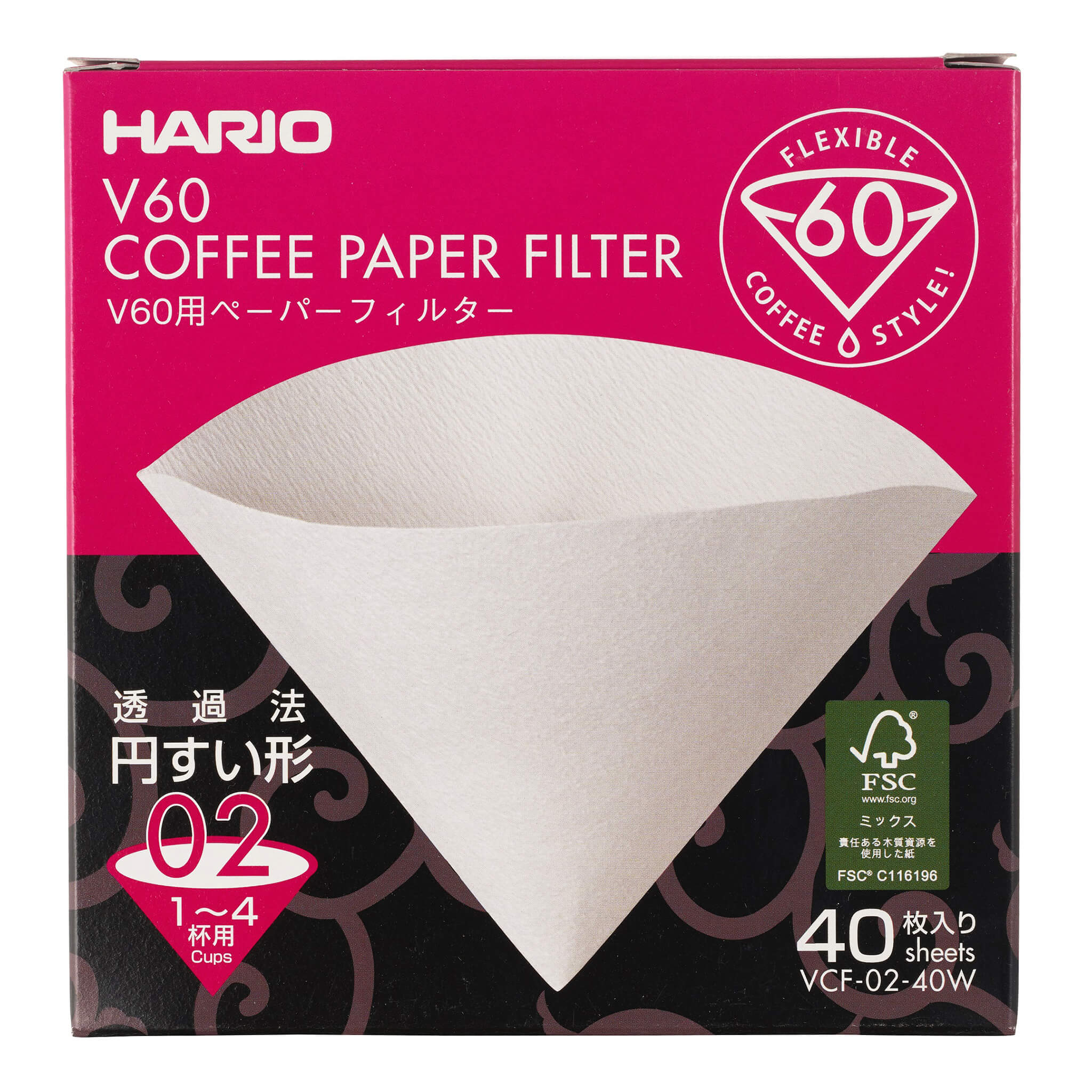 Front view of Hario V60 filter box showing cone illustration and 40 sheets count on magenta and black background